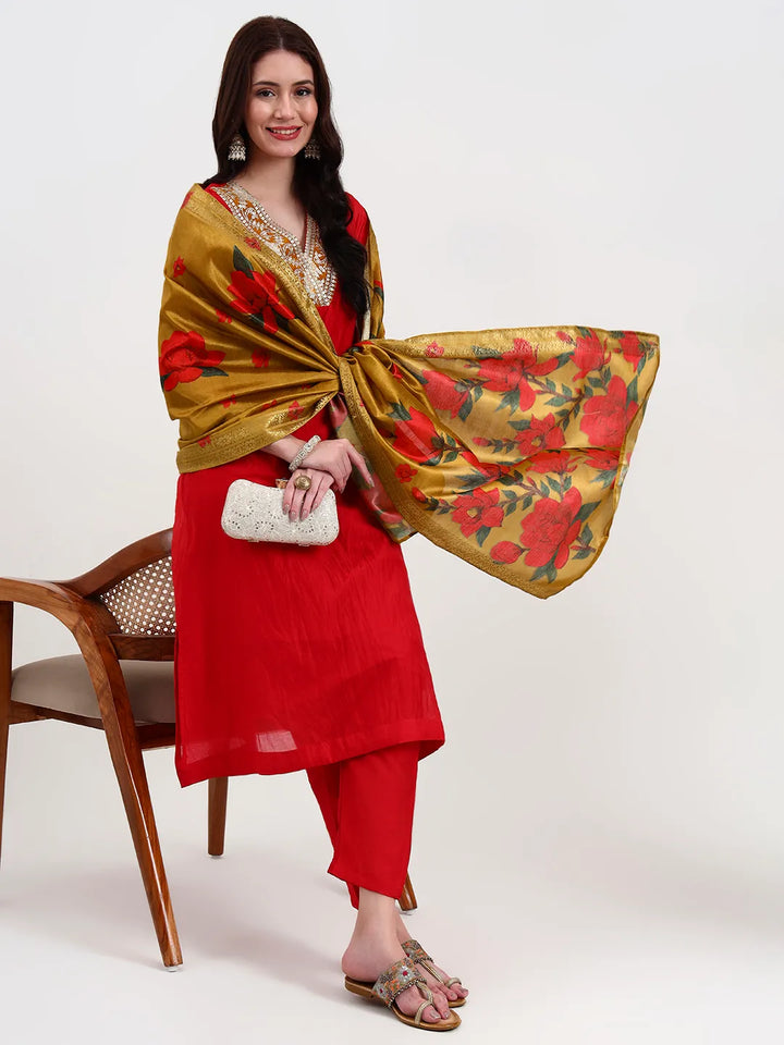 Red Chanderi A Line Dori Embroidery Kurta Set With Pant And Dupatta