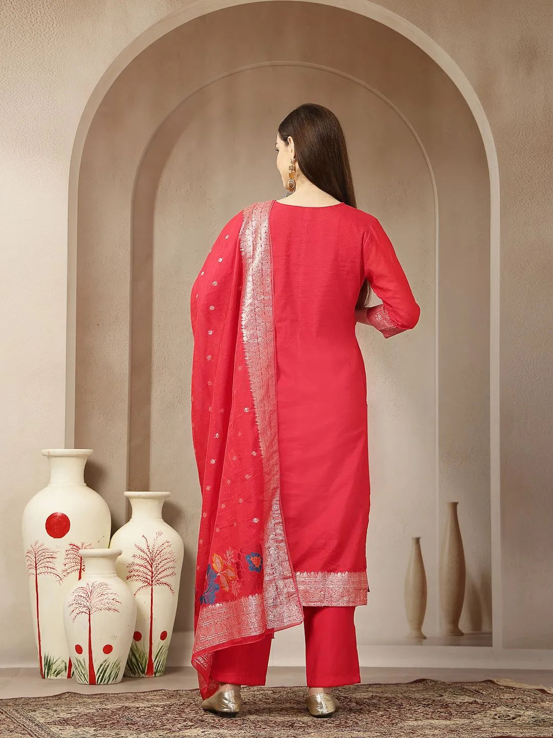 Red Chanderi Silk Floral Golden Print Straight Kurta Trouser Dupatta Set