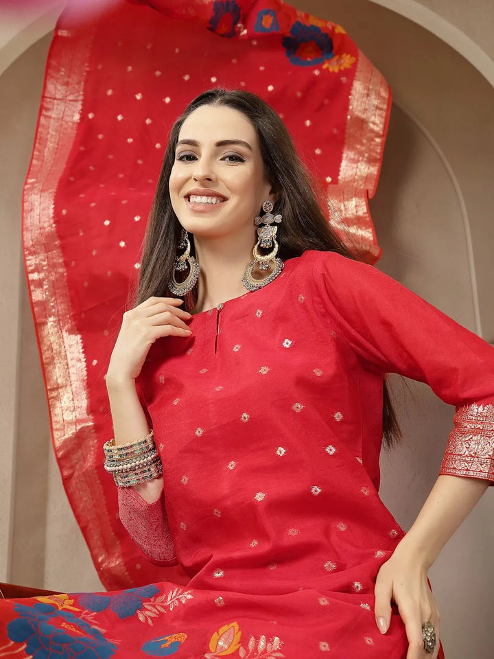 Red Chanderi Silk Floral Golden Print Straight Kurta Trouser Dupatta Set