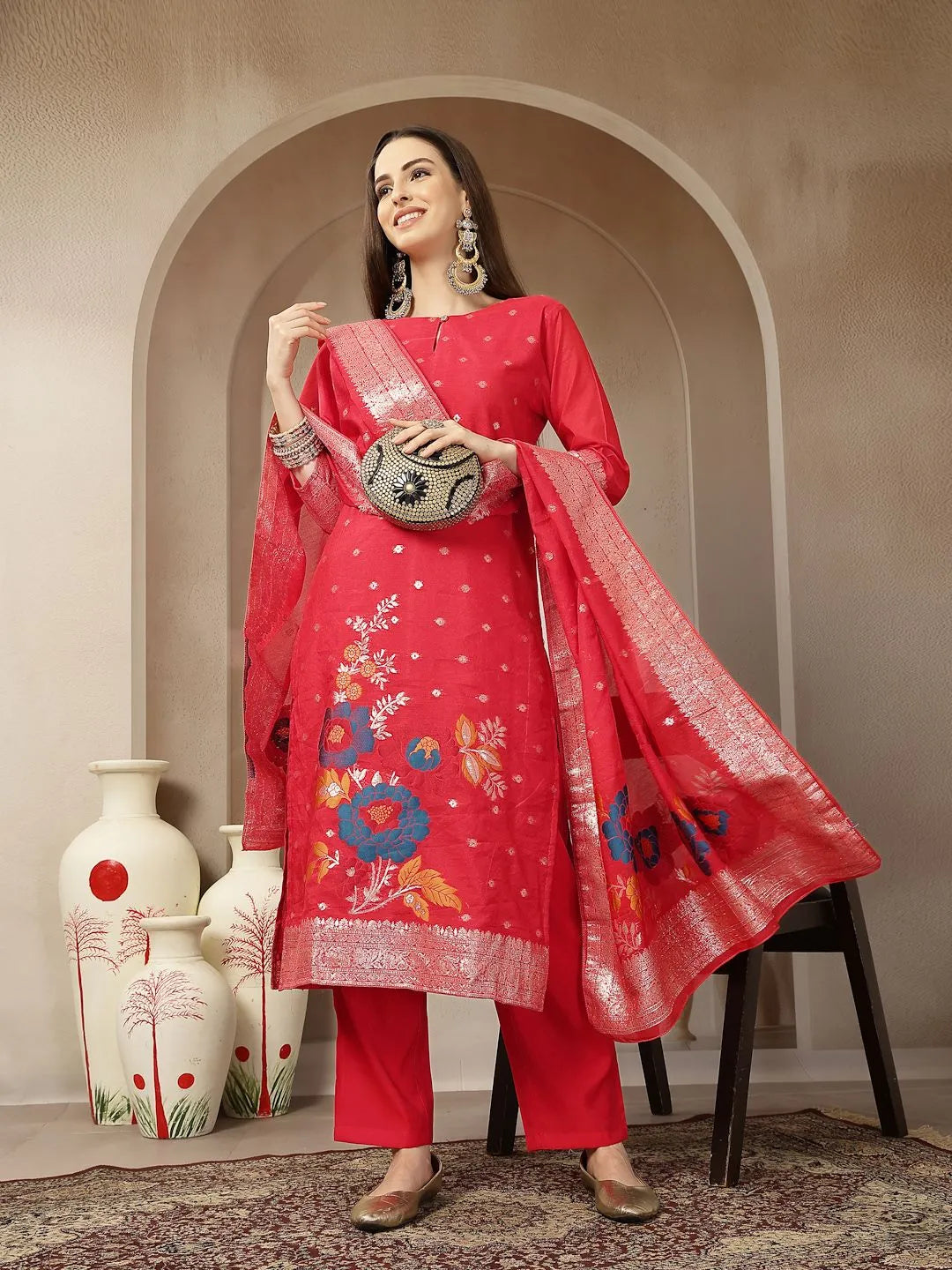 Red Chanderi Silk Floral Golden Print Straight Kurta Trouser Dupatta Set