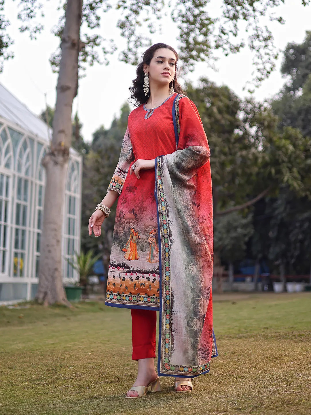 Red Cotton Lace Work Pakistani Straight Kurta Trouser Dupatta Set-Yufta Store-6584SKDRDM