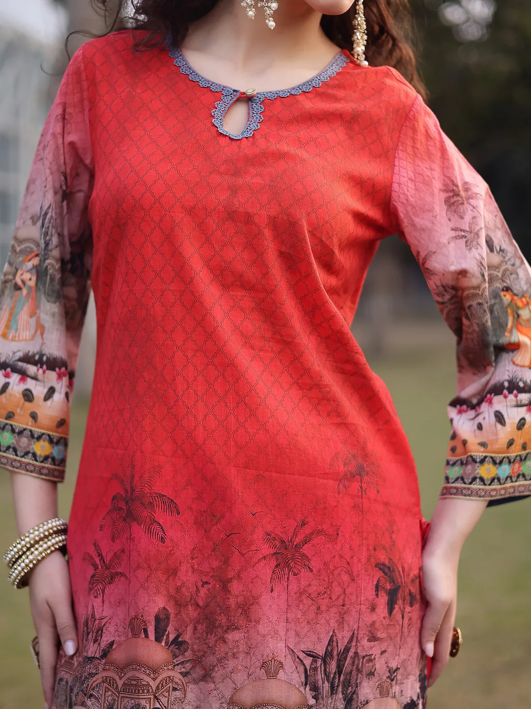 Red Cotton Lace Work Pakistani Straight Kurta Trouser Dupatta Set-Yufta Store-6584SKDRDM