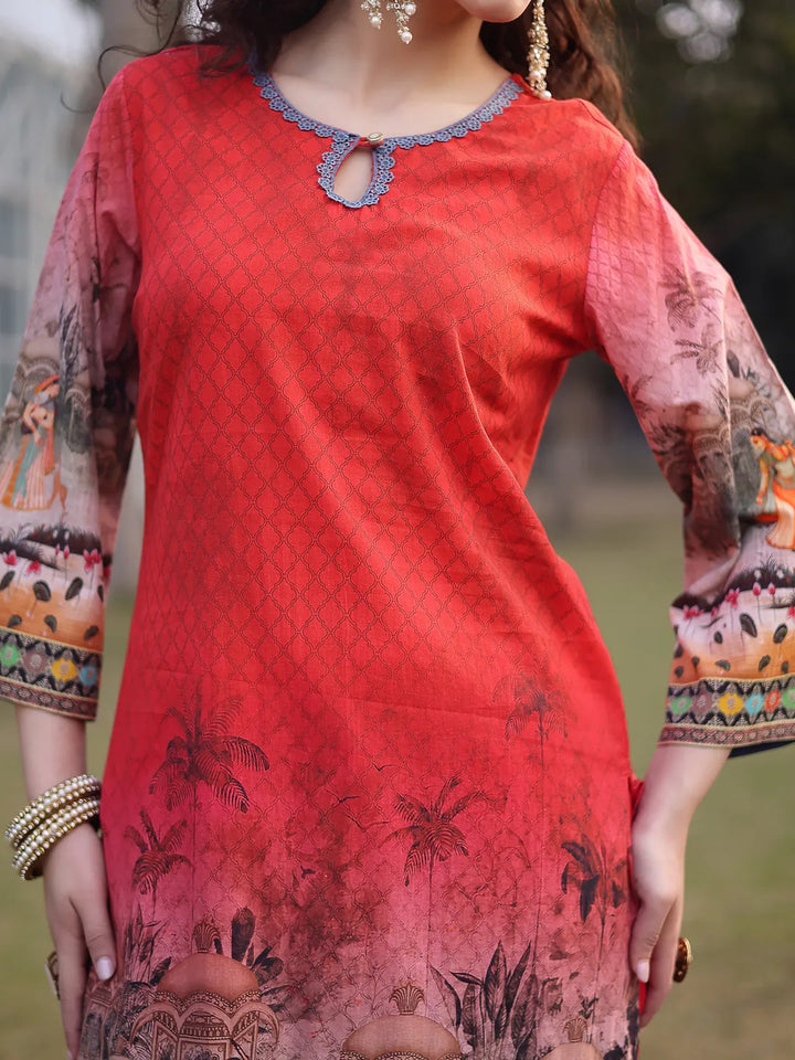 Red Cotton Lace Work Pakistani Straight Kurta Trouser Dupatta Set-Yufta Store-6584SKDRDM