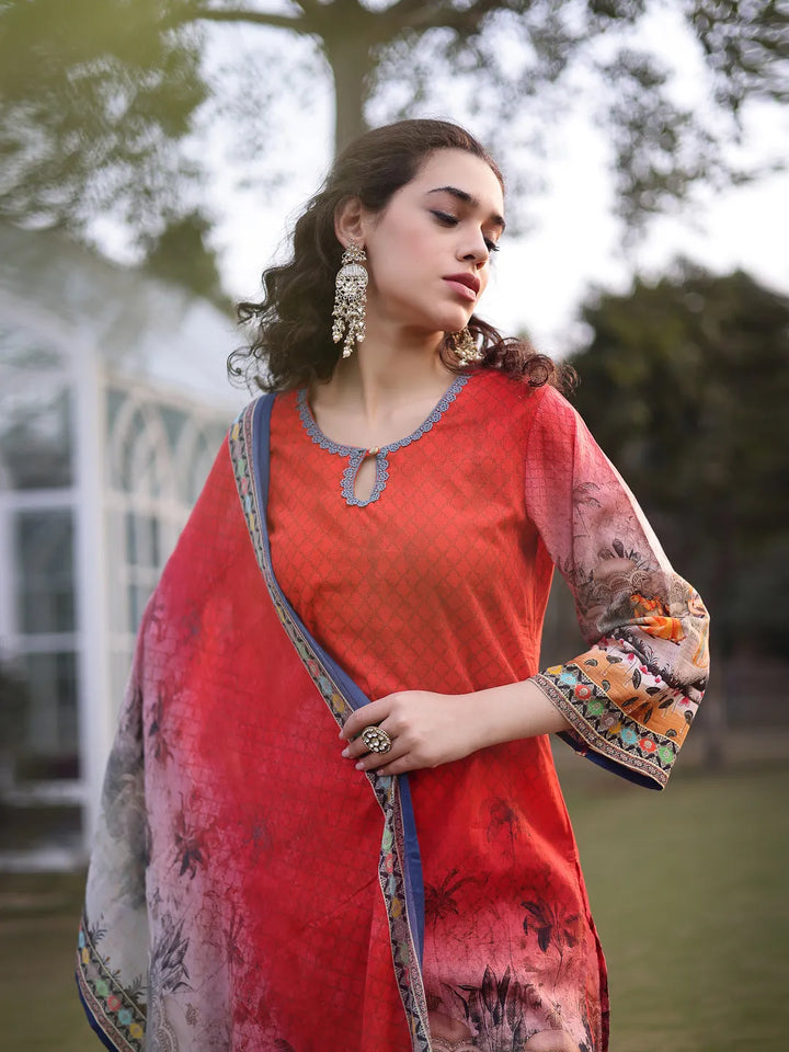 Red Cotton Lace Work Pakistani Straight Kurta Trouser Dupatta Set-Yufta Store-6584SKDRDM