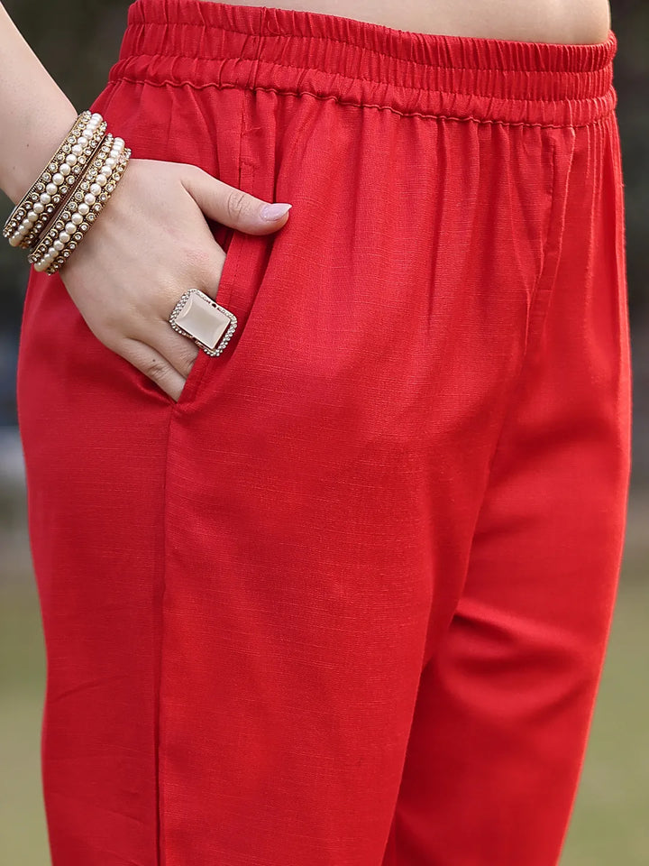 Red Cotton Lace Work Pakistani Straight Kurta Trouser Dupatta Set-Yufta Store-6584SKDRDM