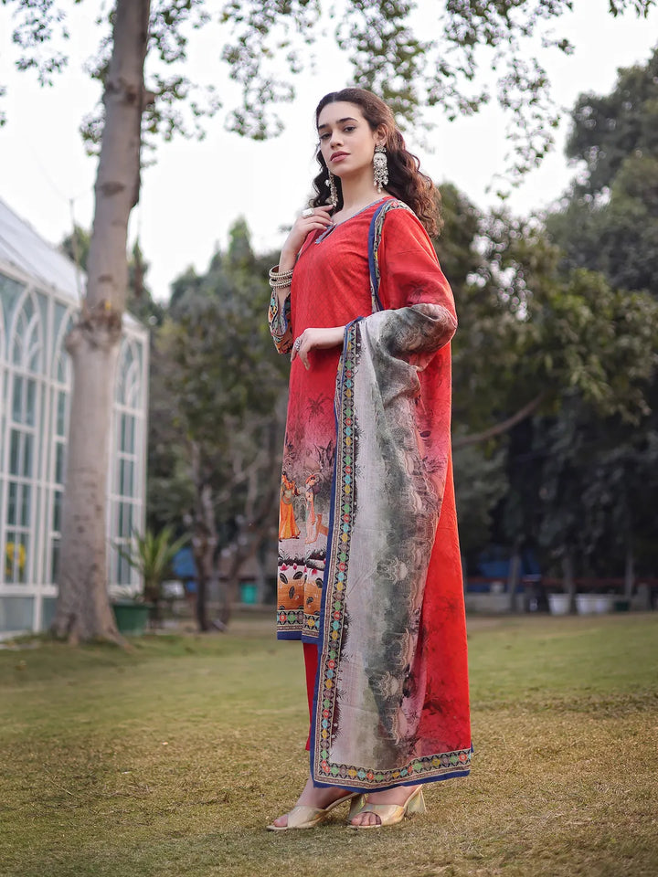 Red Cotton Lace Work Pakistani Straight Kurta Trouser Dupatta Set-Yufta Store-6584SKDRDM