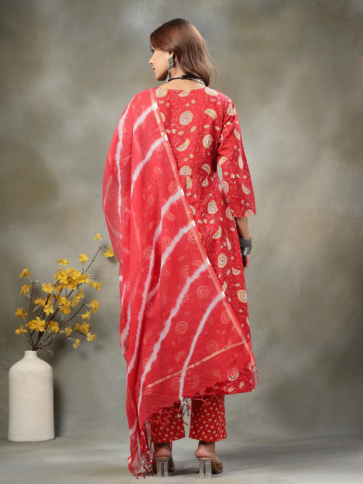 Red Cotton Maternity Kurta Set With Tie Dye Doriya Dupatta Set