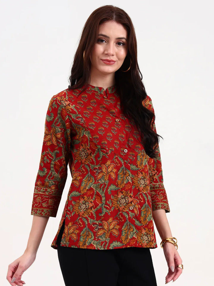 Red Cotton Shirt Style Top