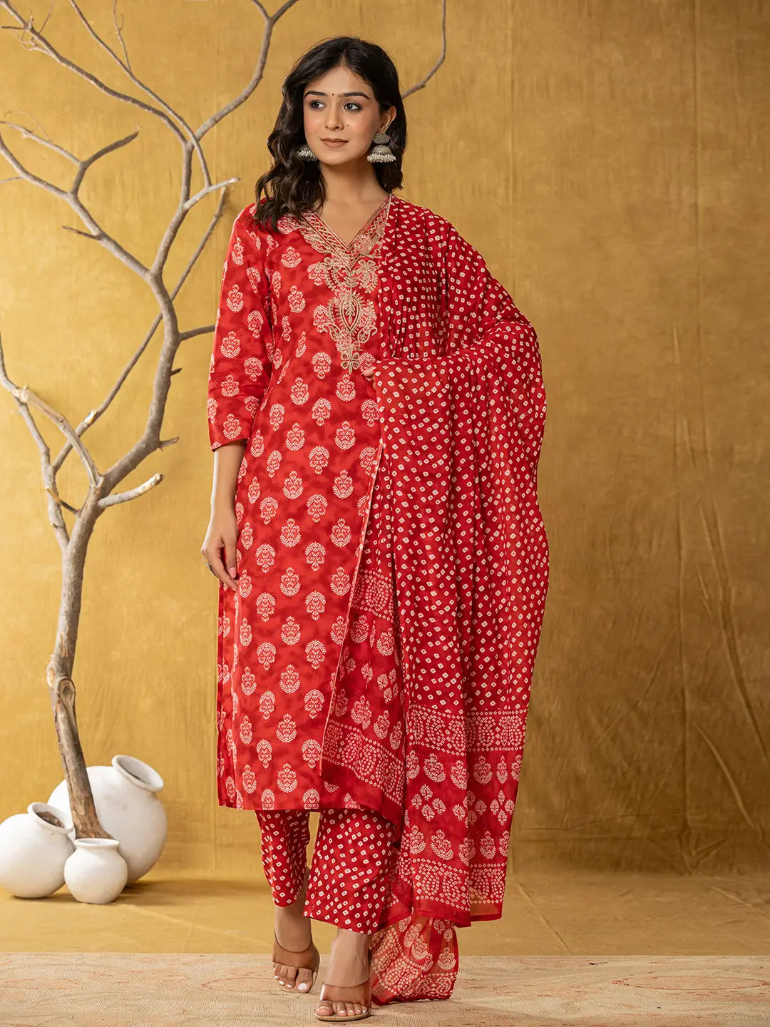 Red Cotton Zari Work Straight Kurta Dupatta Set-Yufta Store-7331SKDRDS