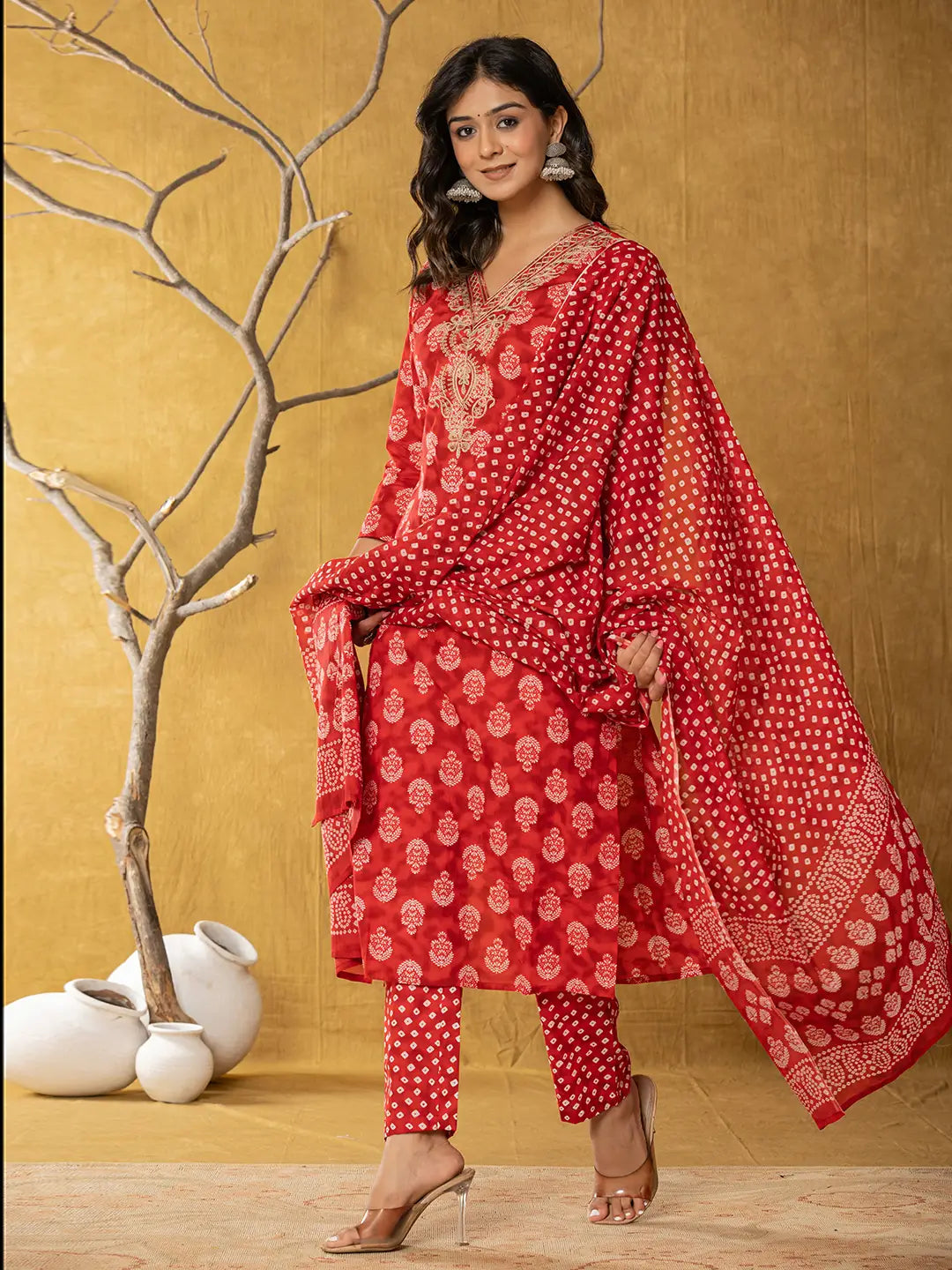 Red Cotton Zari Work Straight Kurta Dupatta Set-Yufta Store-7331SKDRDS