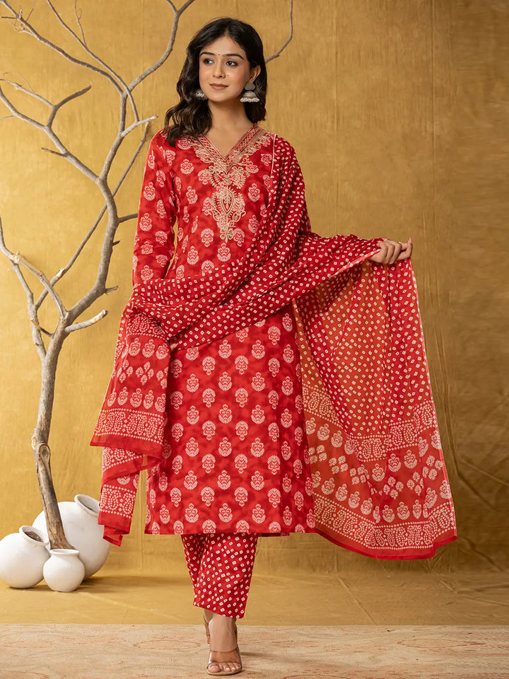 Red Cotton Zari Work Straight Kurta Dupatta Set-Yufta Store-7331SKDRDS