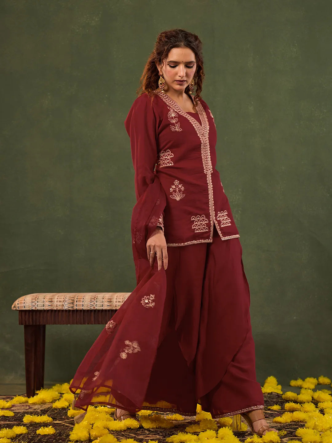 Red Embroidered Straight Silk Blend Long Sleeves Kurti Palazzo Dupatta Set-Yufta Store-6685SKDRDM