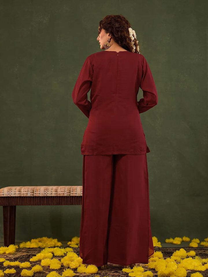 Red Embroidered Straight Silk Blend Long Sleeves Kurti Palazzo Dupatta Set-Yufta Store-6685SKDRDM