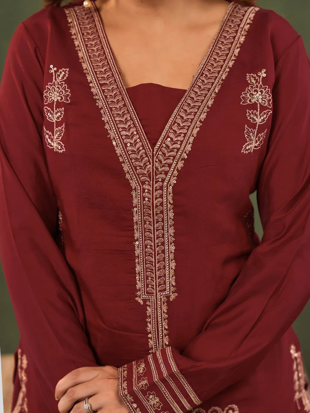 Red Embroidered Straight Silk Blend Long Sleeves Kurti Palazzo Dupatta Set-Yufta Store-6685SKDRDM