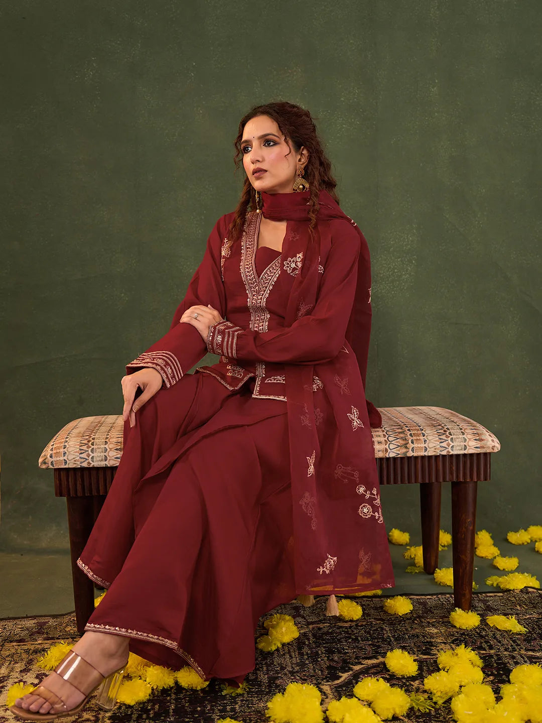 Red Embroidered Straight Silk Blend Long Sleeves Kurti Palazzo Dupatta Set-Yufta Store-6685SKDRDM
