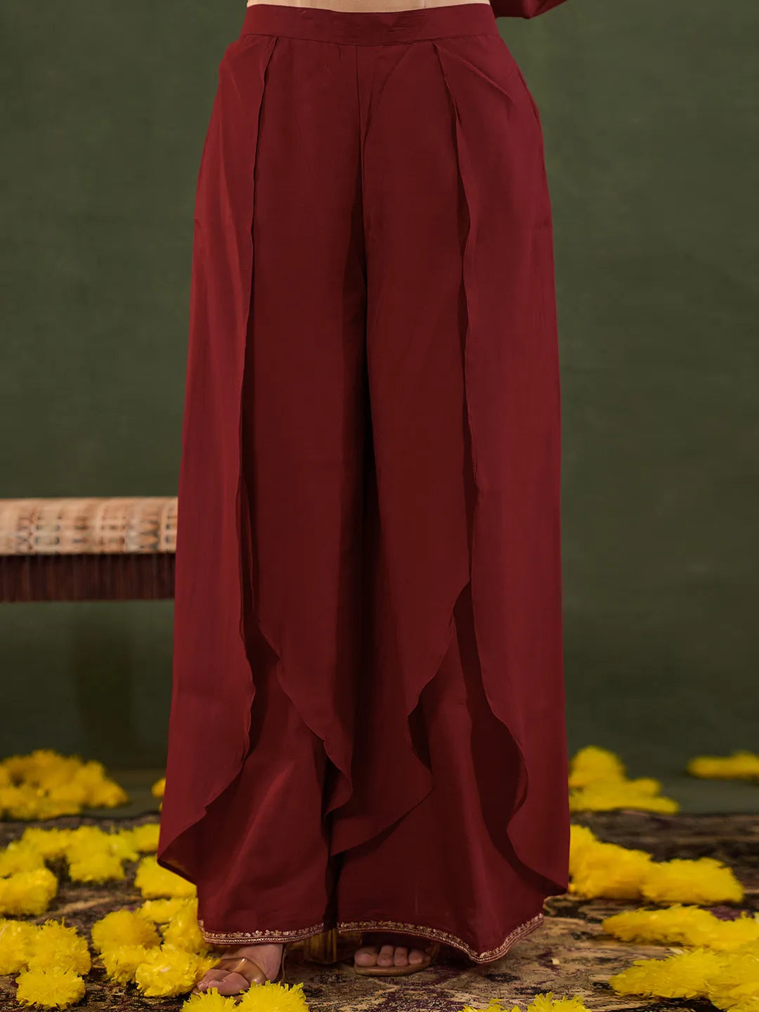 Red Embroidered Straight Silk Blend Long Sleeves Kurti Palazzo Dupatta Set-Yufta Store-6685SKDRDM