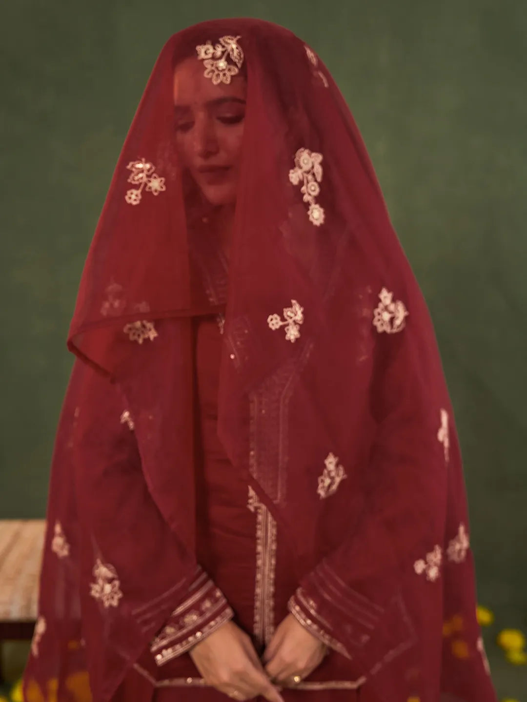 Red Embroidered Straight Silk Blend Long Sleeves Kurti Palazzo Dupatta Set-Yufta Store-6685SKDRDM