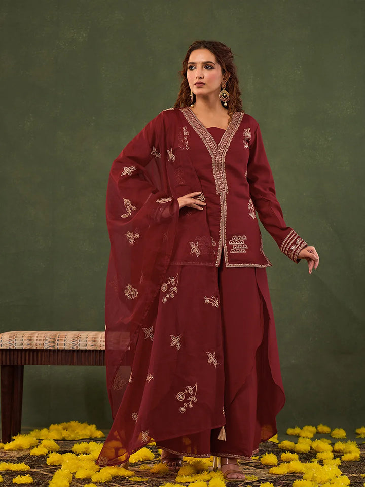 Red Embroidered Straight Silk Blend Long Sleeves Kurti Palazzo Dupatta Set-Yufta Store-6685SKDRDM