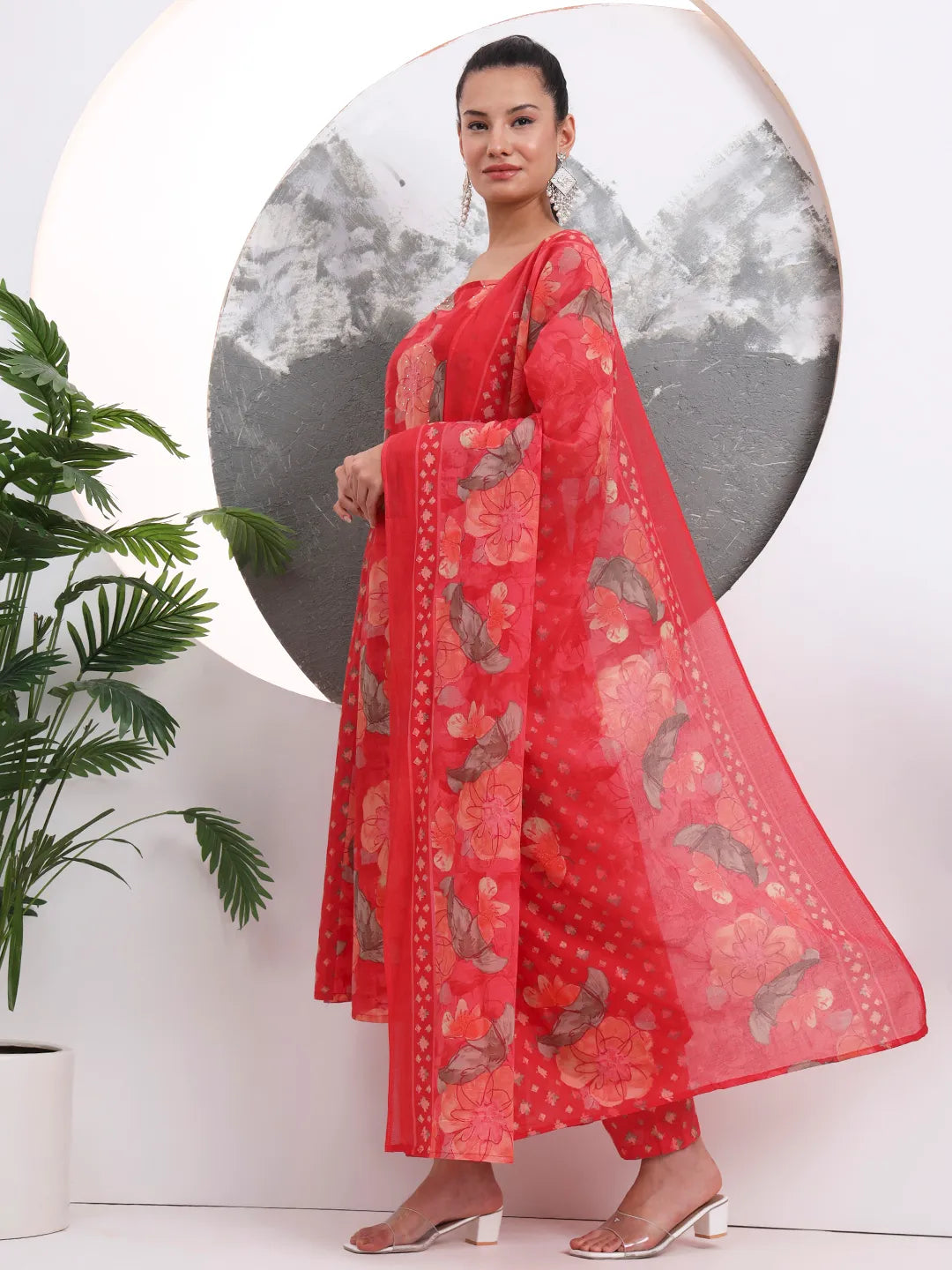 Red Floral Print Sequins Work Cotton Kurta Trouser With Dupatta Set