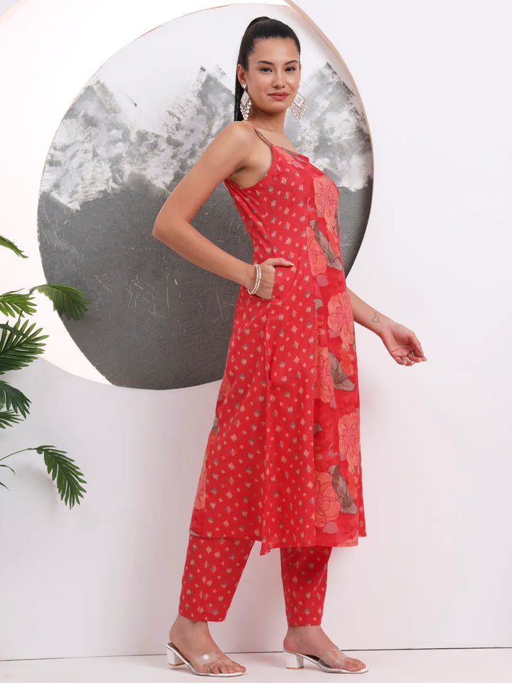 Red Floral Print Sequins Work Cotton Kurta Trouser With Dupatta Set