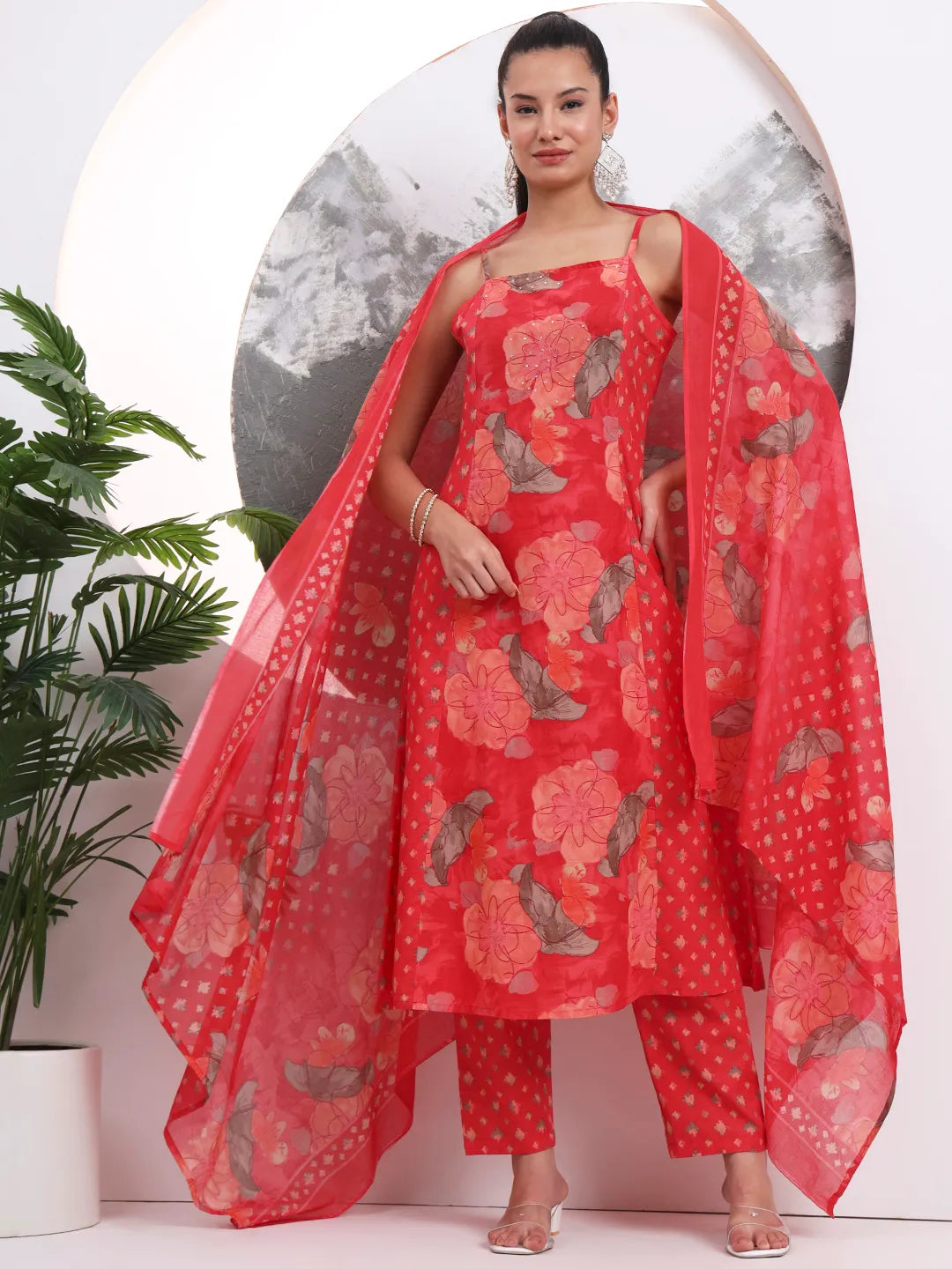 Red Floral Print Sequins Work Cotton Kurta Trouser With Dupatta Set