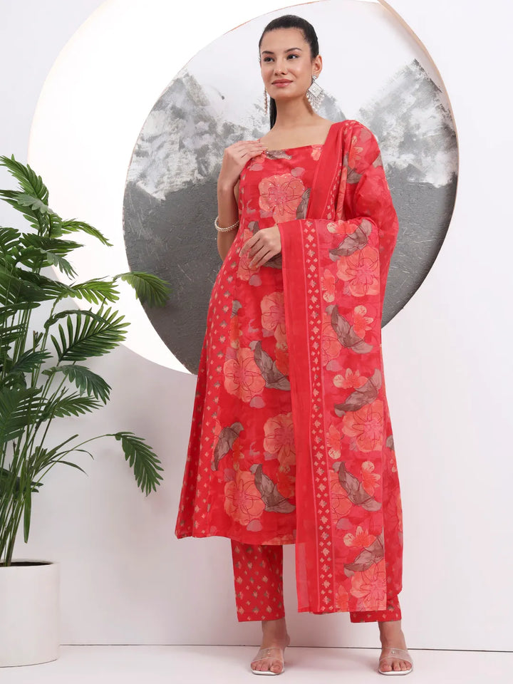 Red Floral Print Sequins Work Cotton Kurta Trouser With Dupatta Set