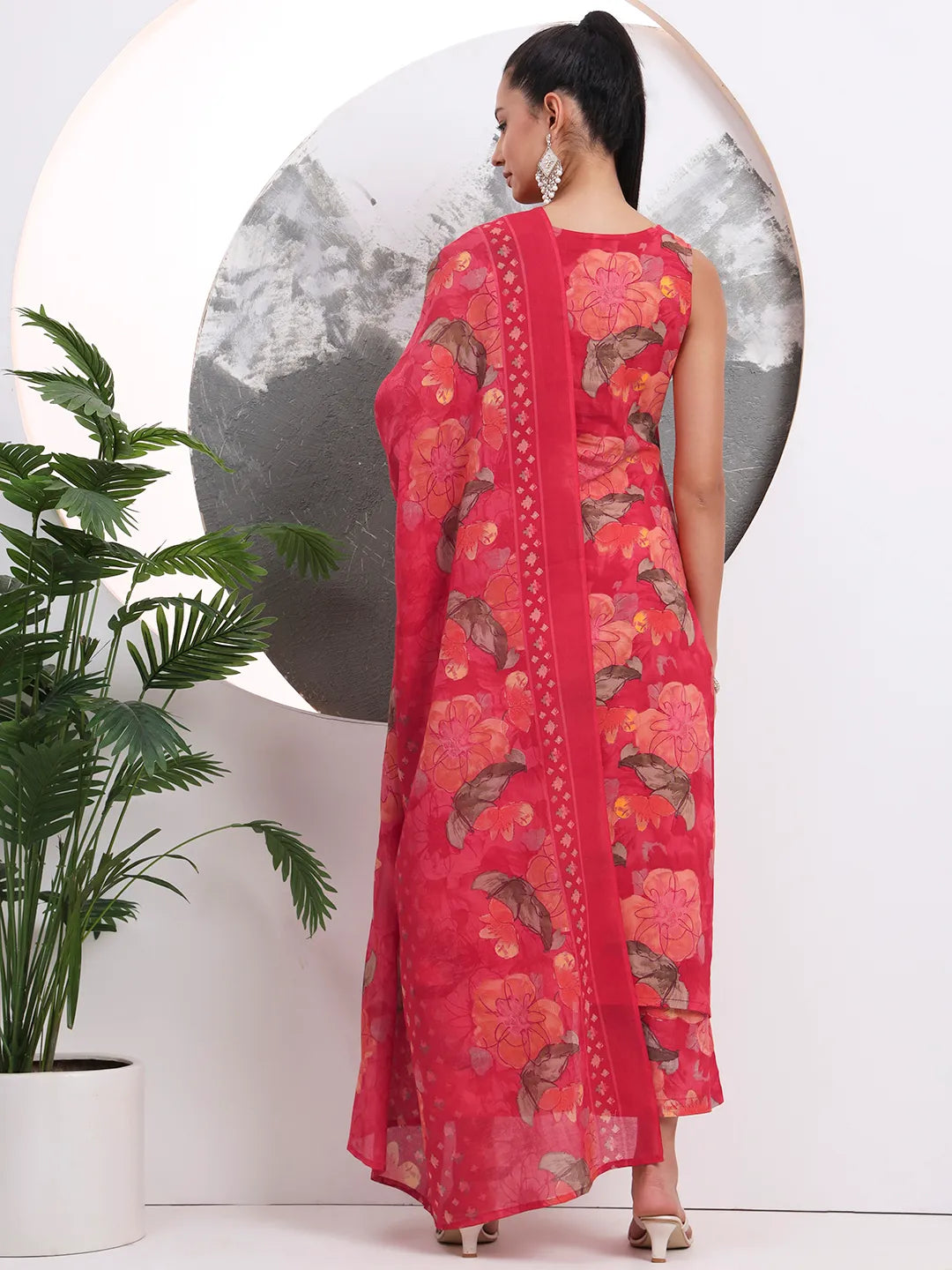 Red Floral Print Sequins Work Cotton Straight Kurta Trouser With Dupatta Set