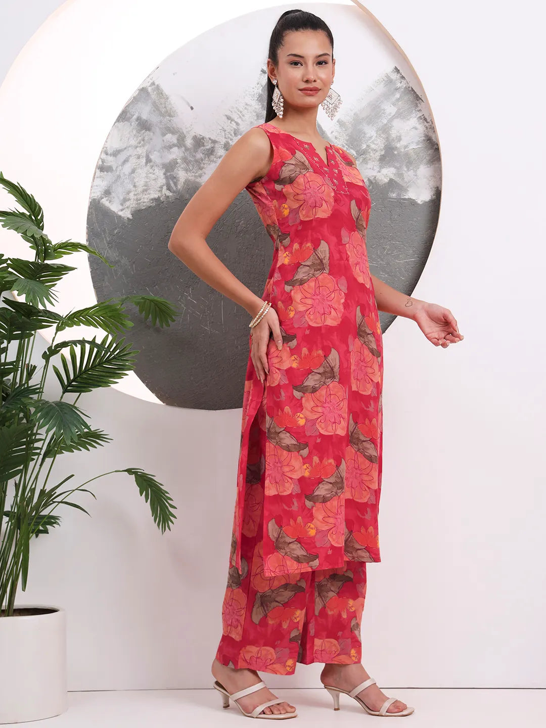 Red Floral Print Sequins Work Cotton Straight Kurta Trouser With Dupatta Set