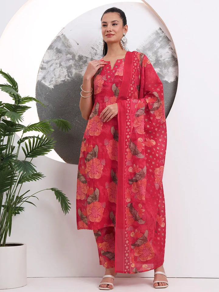 Red Floral Print Sequins Work Cotton Straight Kurta Trouser With Dupatta Set