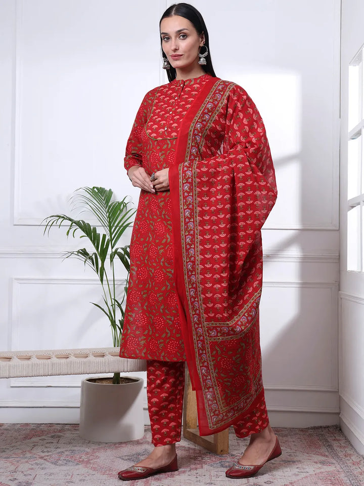 Red Floral Print Straight Kurta Trouser Dupatta Set
