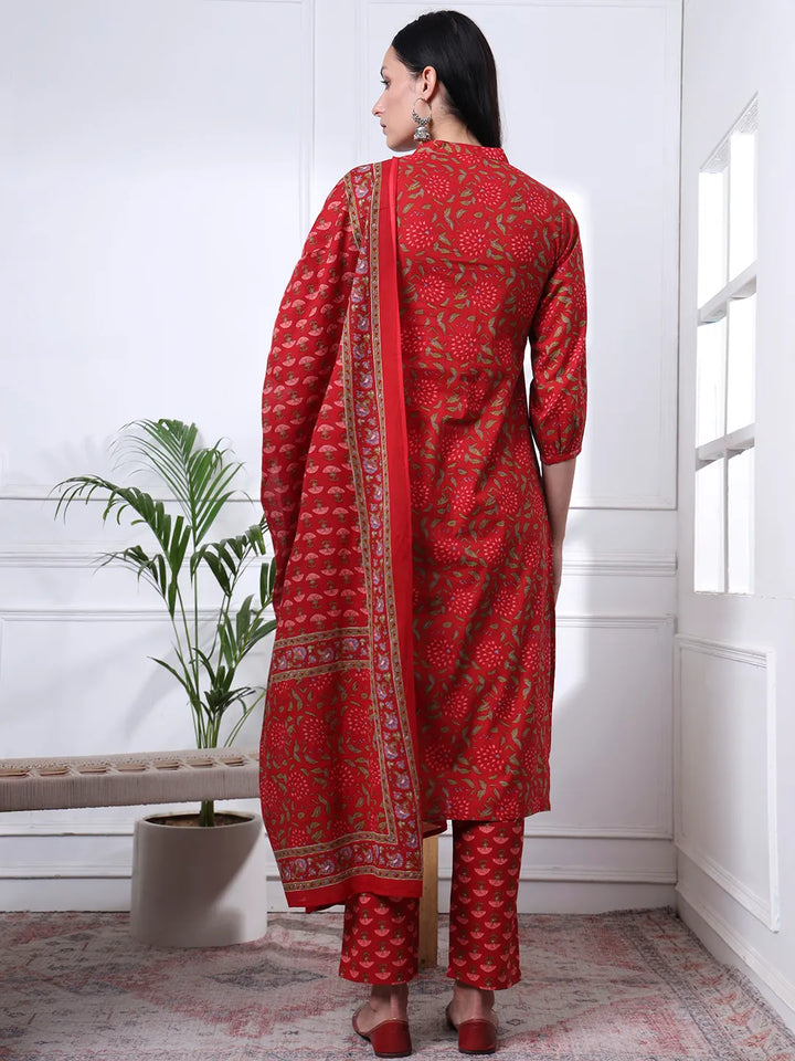 Red Floral Print Straight Kurta Trouser Dupatta Set