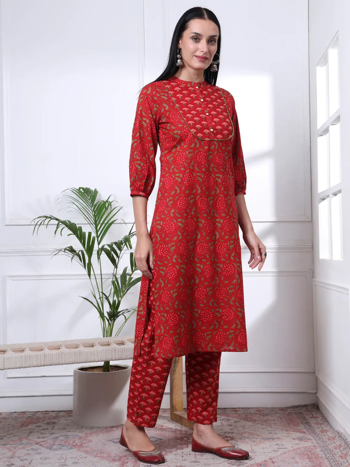 Red Floral Print Straight Kurta Trouser Dupatta Set