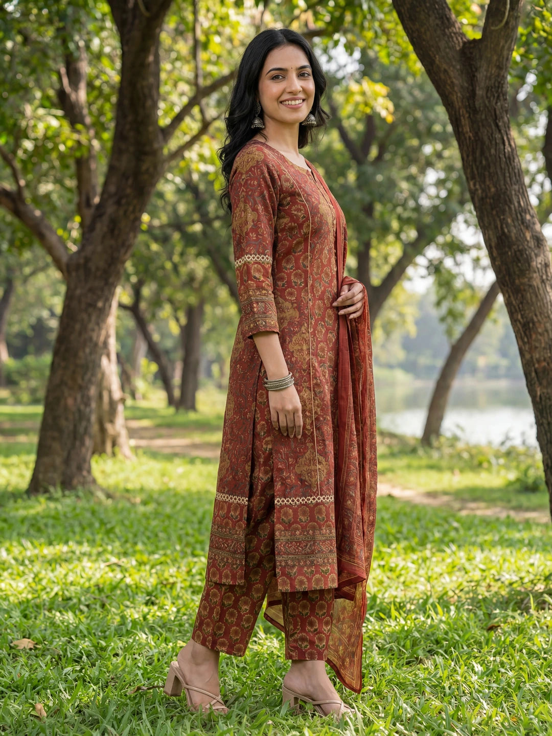 Red Floral Print Straight Lace Work Piping Design Kurta Trouser Dupatta Set-Yufta Store-7641SKDRDM