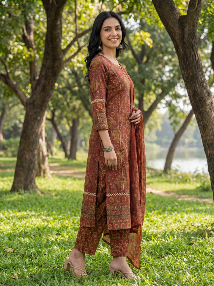 Red Floral Print Straight Lace Work Piping Design Kurta Trouser Dupatta Set-Yufta Store-7641SKDRDM