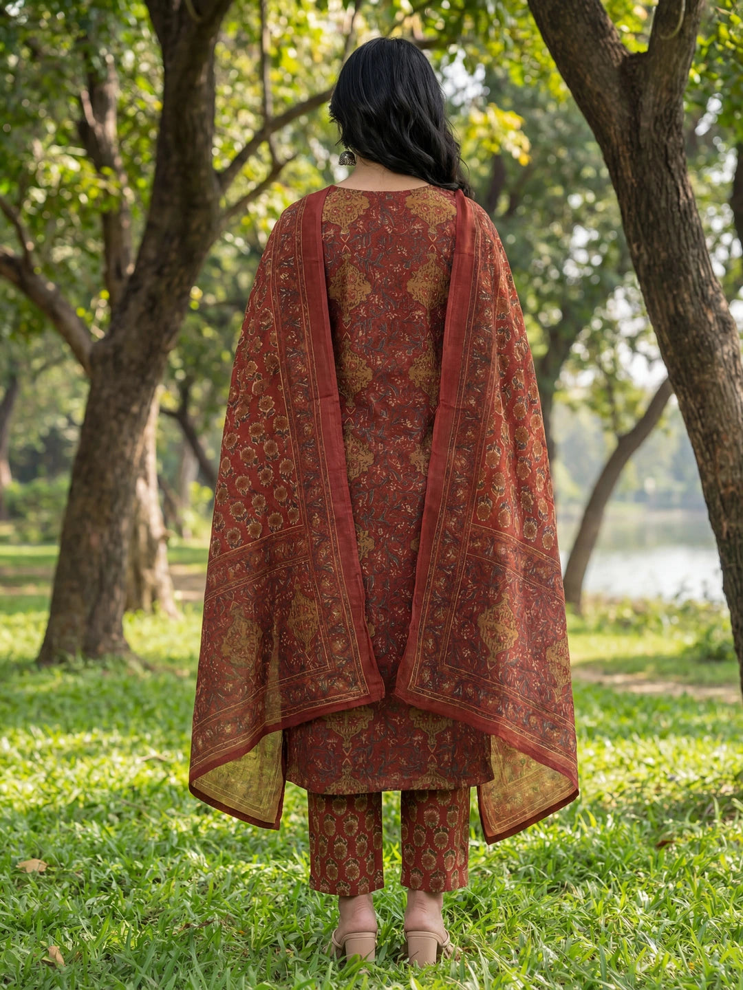 Red Floral Print Straight Lace Work Piping Design Kurta Trouser Dupatta Set-Yufta Store-7641SKDRDM
