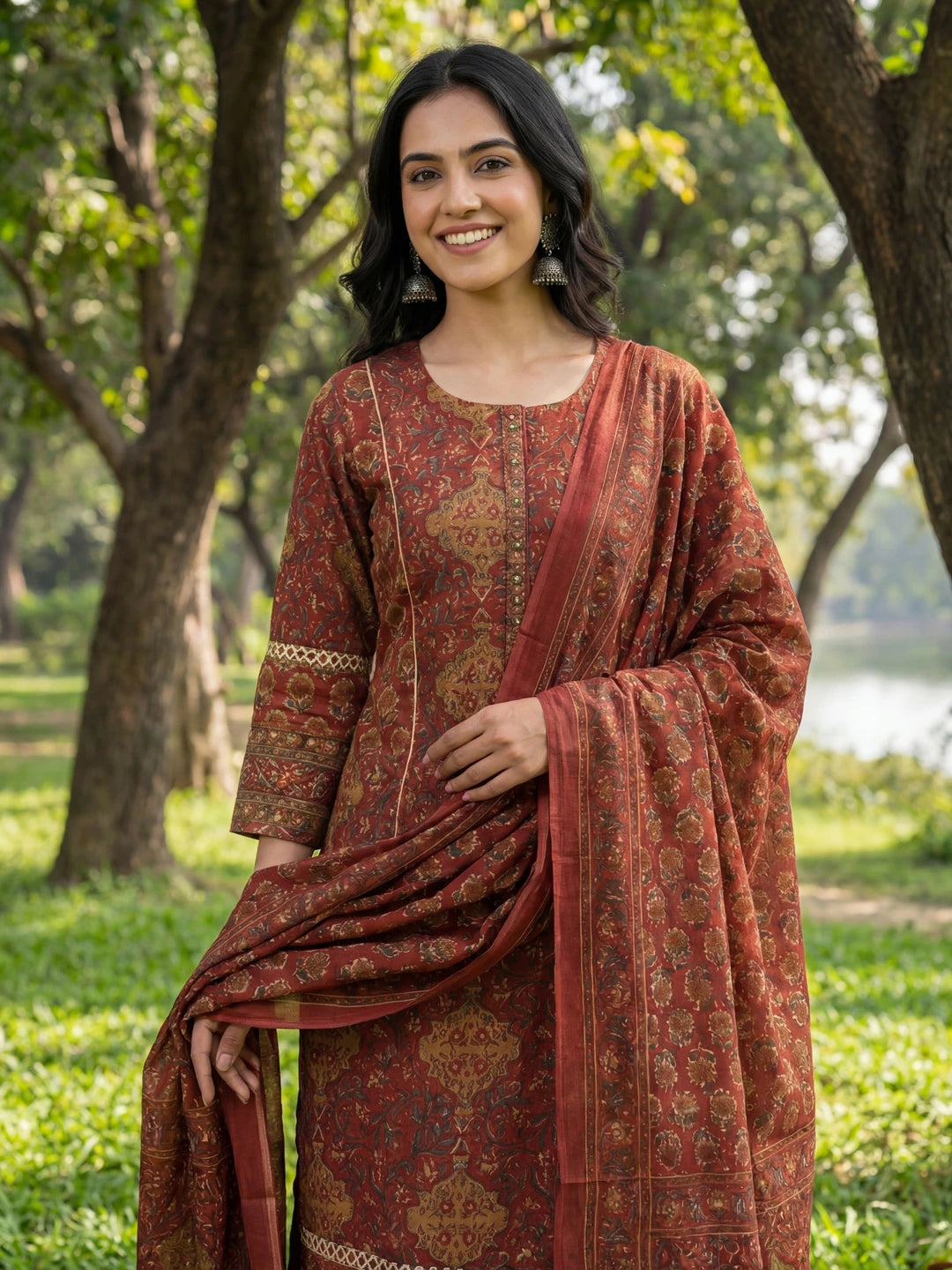 Red Floral Print Straight Lace Work Piping Design Kurta Trouser Dupatta Set-Yufta Store-7641SKDRDM