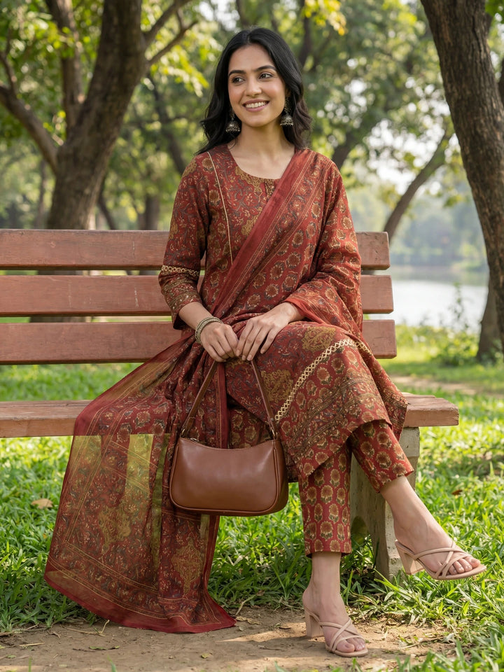 Red Floral Print Straight Lace Work Piping Design Kurta Trouser Dupatta Set-Yufta Store-7641SKDRDM