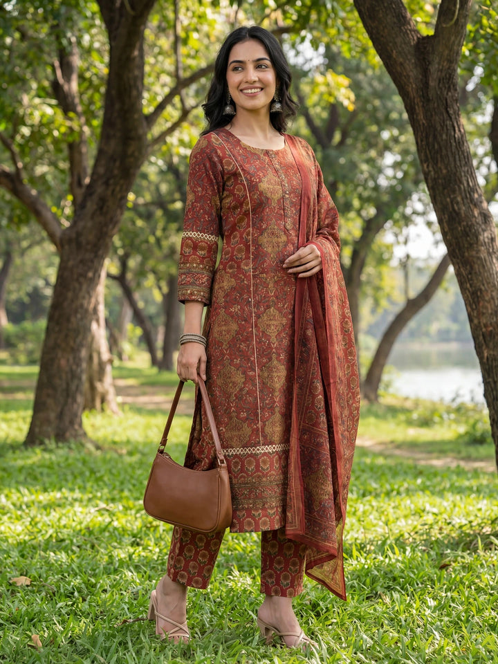 Red Floral Print Straight Lace Work Piping Design Kurta Trouser Dupatta Set-Yufta Store-7641SKDRDM