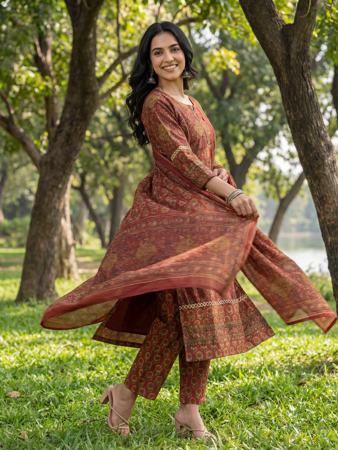 Red Floral Print Straight Lace Work Piping Design Kurta Trouser Dupatta Set-Yufta Store-7641SKDRDM