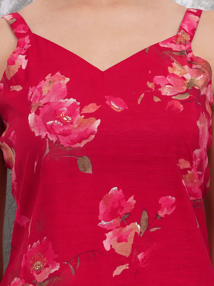 Red Floral Straight Silk Blend Sleeveslss Kurta Palazoo Dupatta Set-Yufta Store-6687SKDRDS