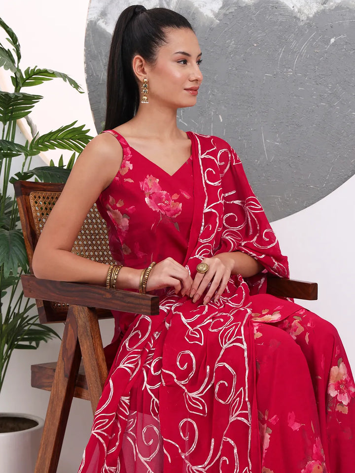 Red Floral Straight Silk Blend Sleeveslss Kurta Palazoo Dupatta Set-Yufta Store-6687SKDRDS