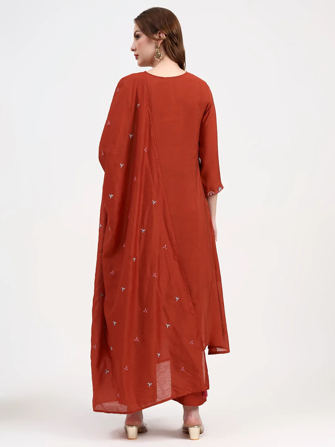 Red Mul Chanderi Silk Thread Work Anarkali Kurta Trouser Dupatta Set