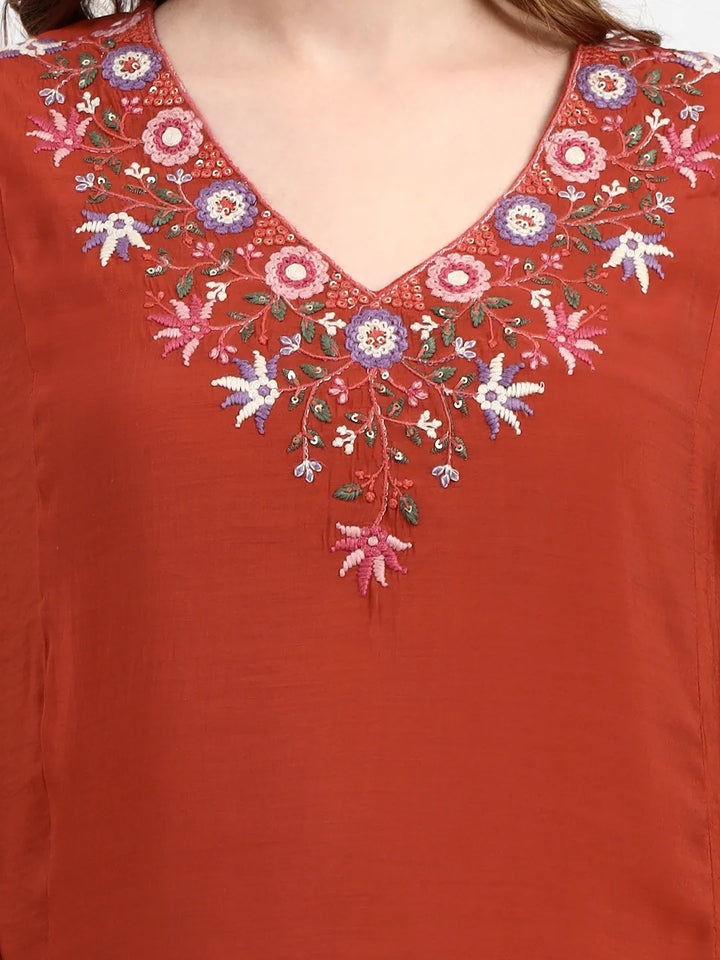 Red Mul Chanderi Silk Thread Work Anarkali Kurta Trouser Dupatta Set