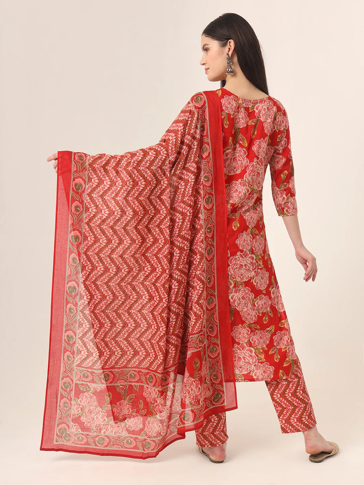 Red Pure Cotton Straight Kurta Pants Dupatta Set-Yufta Store-6260SKDRDM