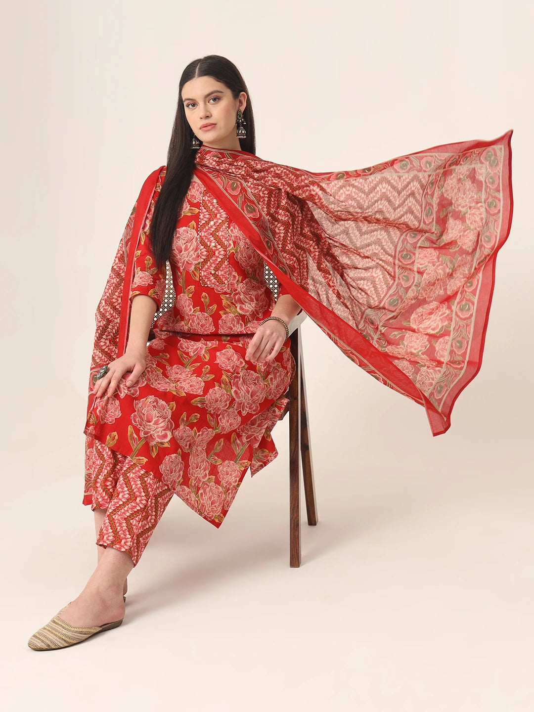 Red Pure Cotton Straight Kurta Pants Dupatta Set-Yufta Store-6260SKDRDM