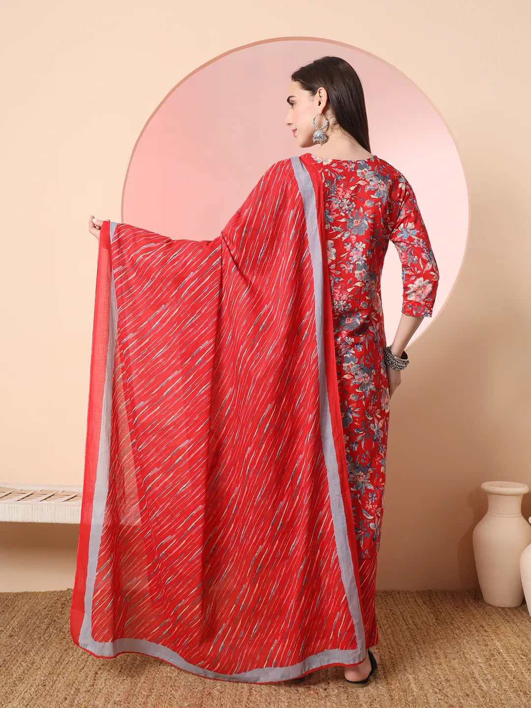 Red Pure Cotton Thread_Work Straight Kurta Dupatta Pant Set-Yufta Store-6295SKDRDM