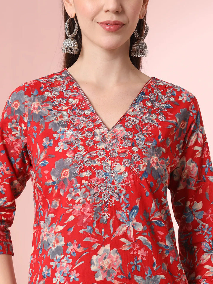 Red Pure Cotton Thread_Work Straight Kurta Dupatta Pant Set-Yufta Store-6295SKDRDM