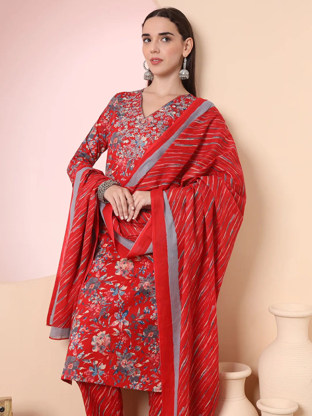 Red Pure Cotton Thread_Work Straight Kurta Dupatta Pant Set-Yufta Store-6295SKDRDM