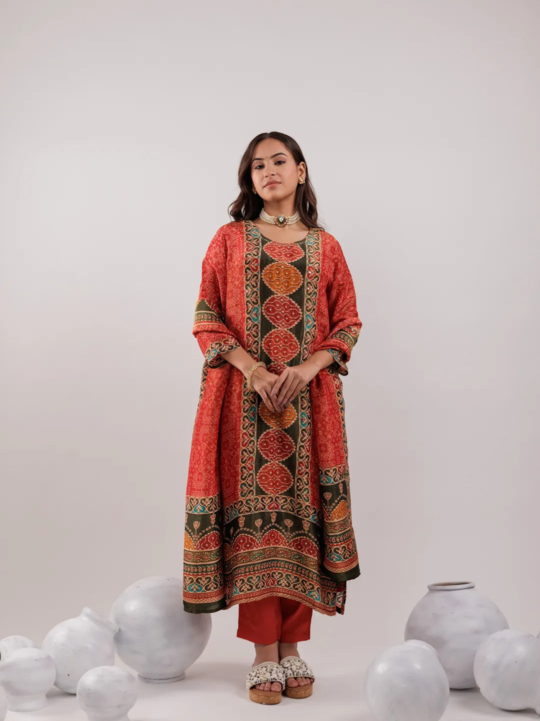 Red Pure Shimmer Tissue With Pure Viscose Trouser And Shimmer Dupatta-Yufta Store-7074SKDRDS