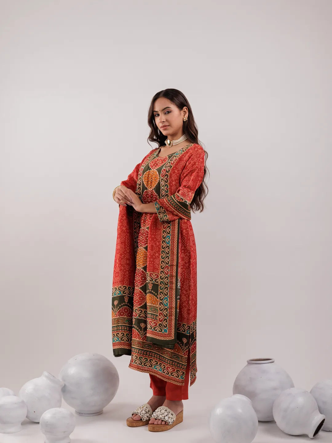 Red Pure Shimmer Tissue With Pure Viscose Trouser And Shimmer Dupatta-Yufta Store-7074SKDRDS